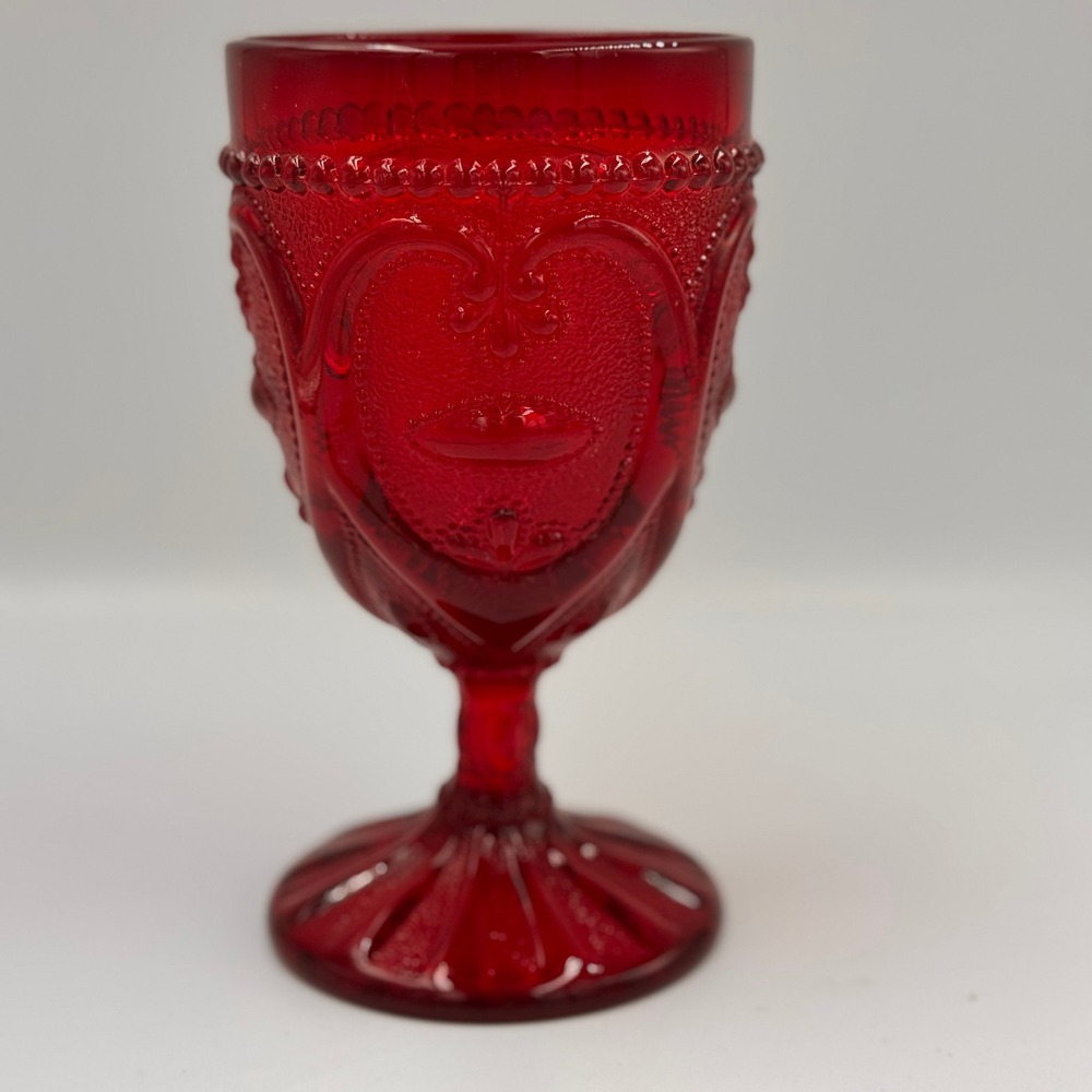Vintage Ruby Red Glass Goblet Embossed Heart Scroll Pattern Pedestal Water Wine